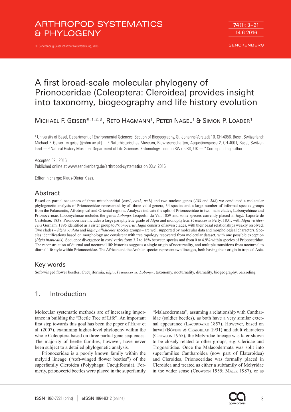 A First Broad-Scale Molecular Phylogeny of Prionoceridae (Coleoptera: Cleroidea) Provides Insight Into Taxonomy, Biogeography and Life History Evolution