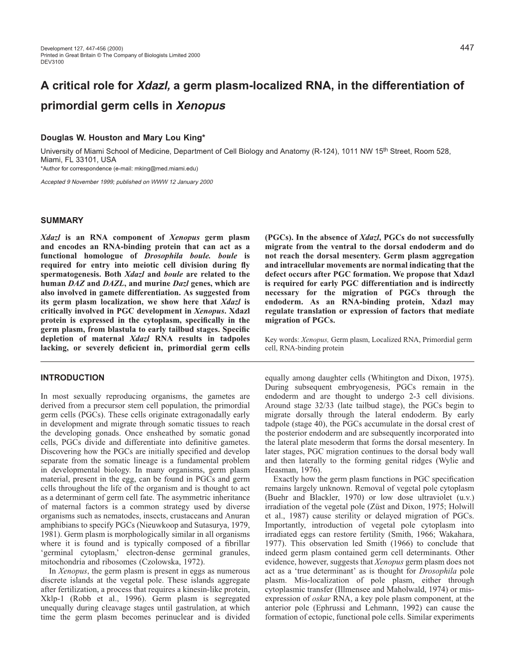 Xdazl Is Required for PGC Formation 449