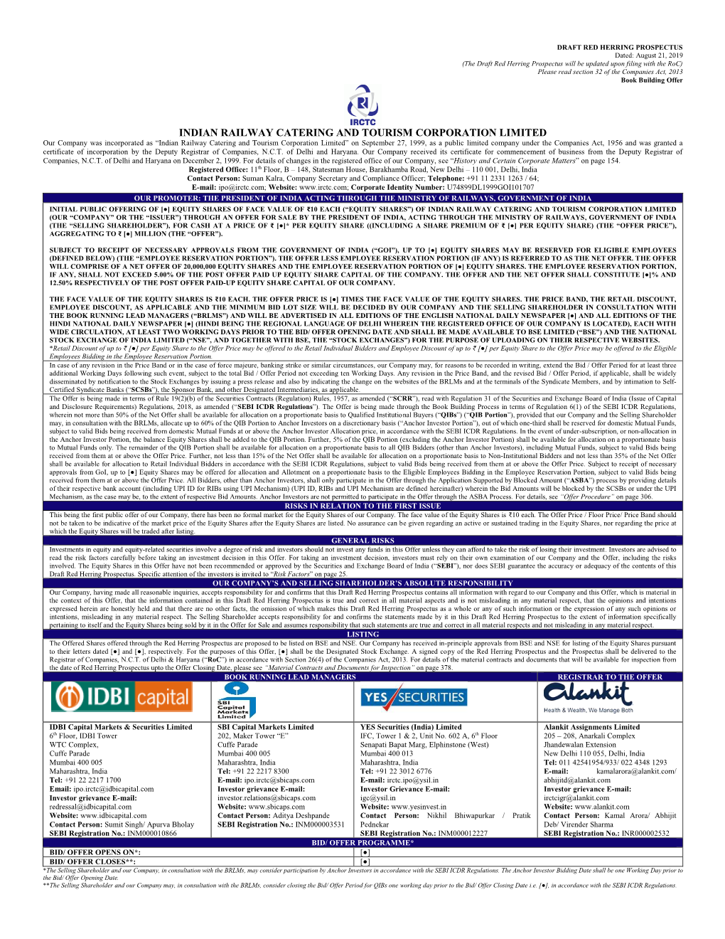 Indian Railway Catering and Tourism Corporation Limited Drhp