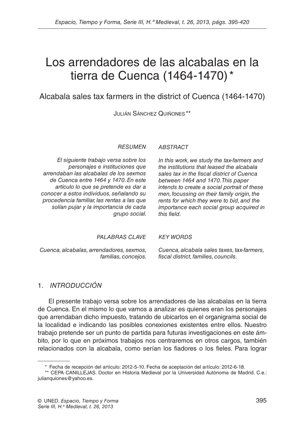 Los Arrendadores De Las Alcabalas En La Tierra De Cuenca (1464-1470) *