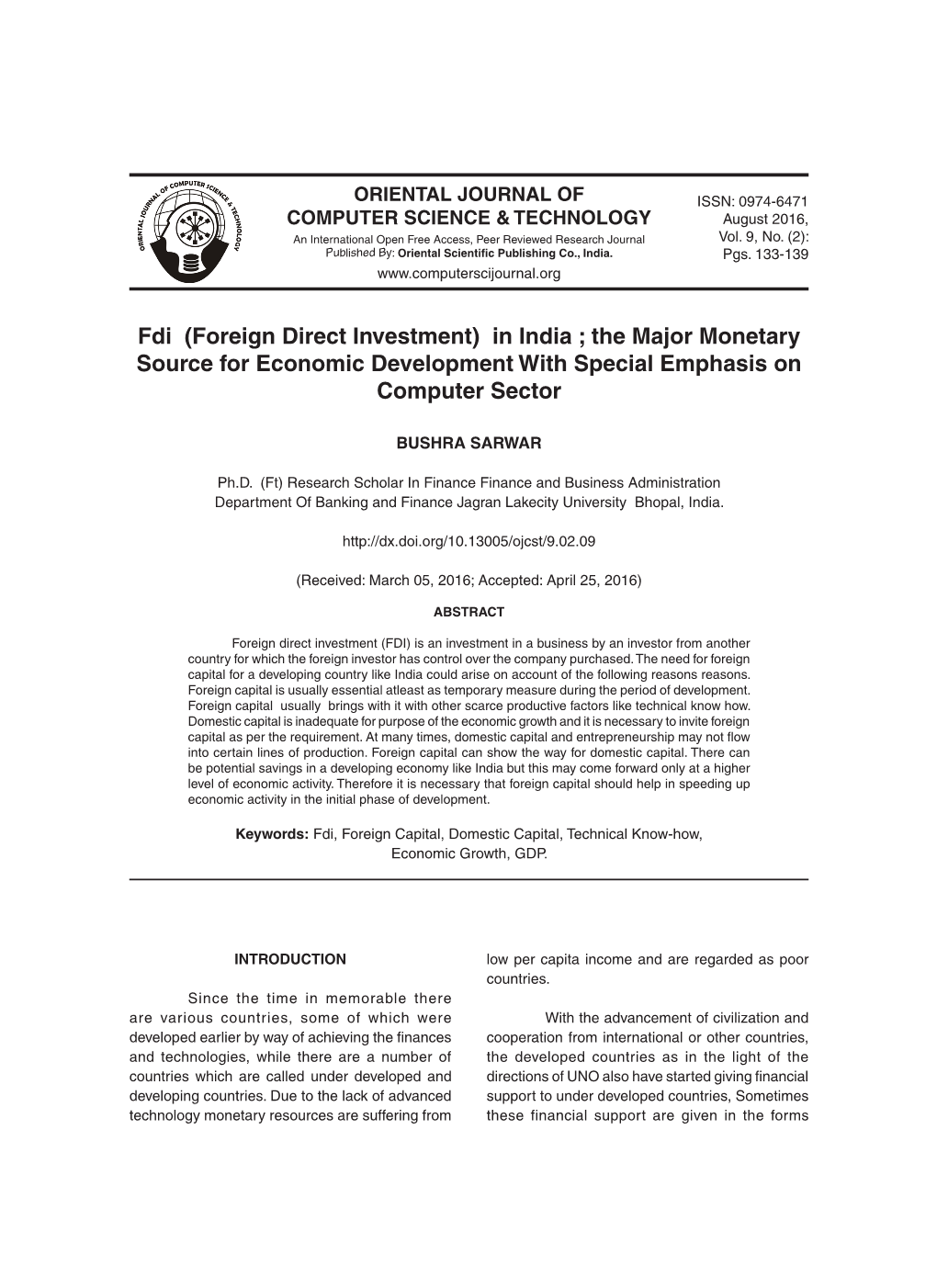 Fdi (Foreign Direct Investment) in India ; the Major Monetary Source for Economic Development with Special Emphasis on Computer Sector