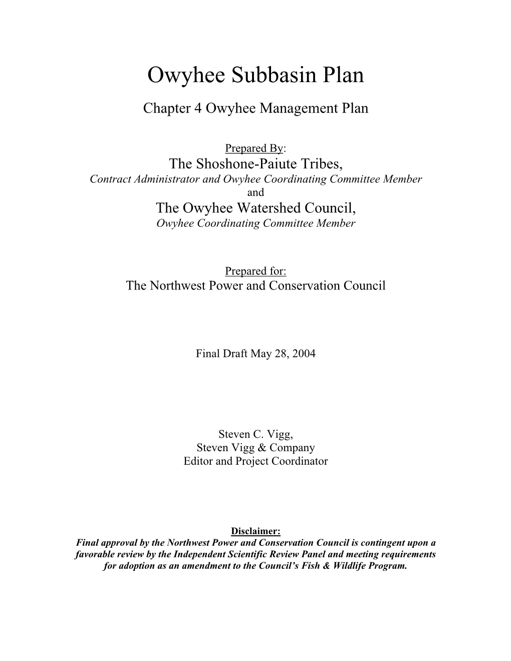 Owyhee Subbasin Plan