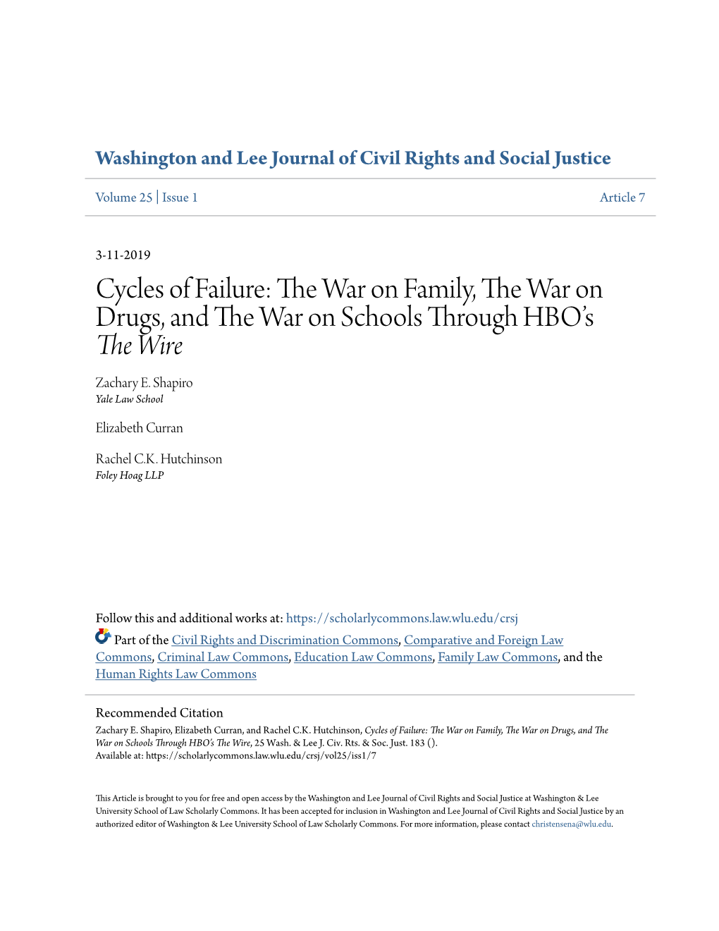 Cycles of Failure: the War on Family, the War on Drugs, and the War on Schools Through HBO's <Em>The Wire</Em>