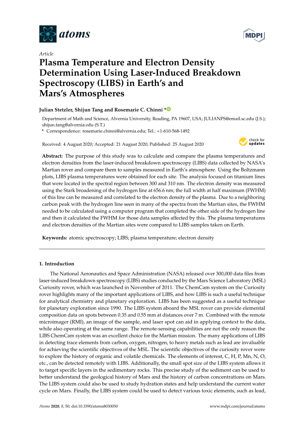 Plasma Temperature and Electron Density Determination Using Laser-Induced Breakdown Spectroscopy (LIBS) in Earth’S and Mars’S Atmospheres