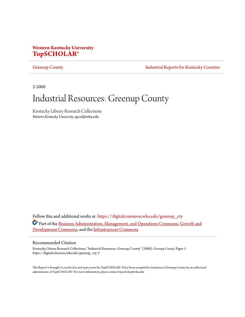 Industrial Resources: Greenup County Kentucky Library Research Collections Western Kentucky University, Spcol@Wku.Edu