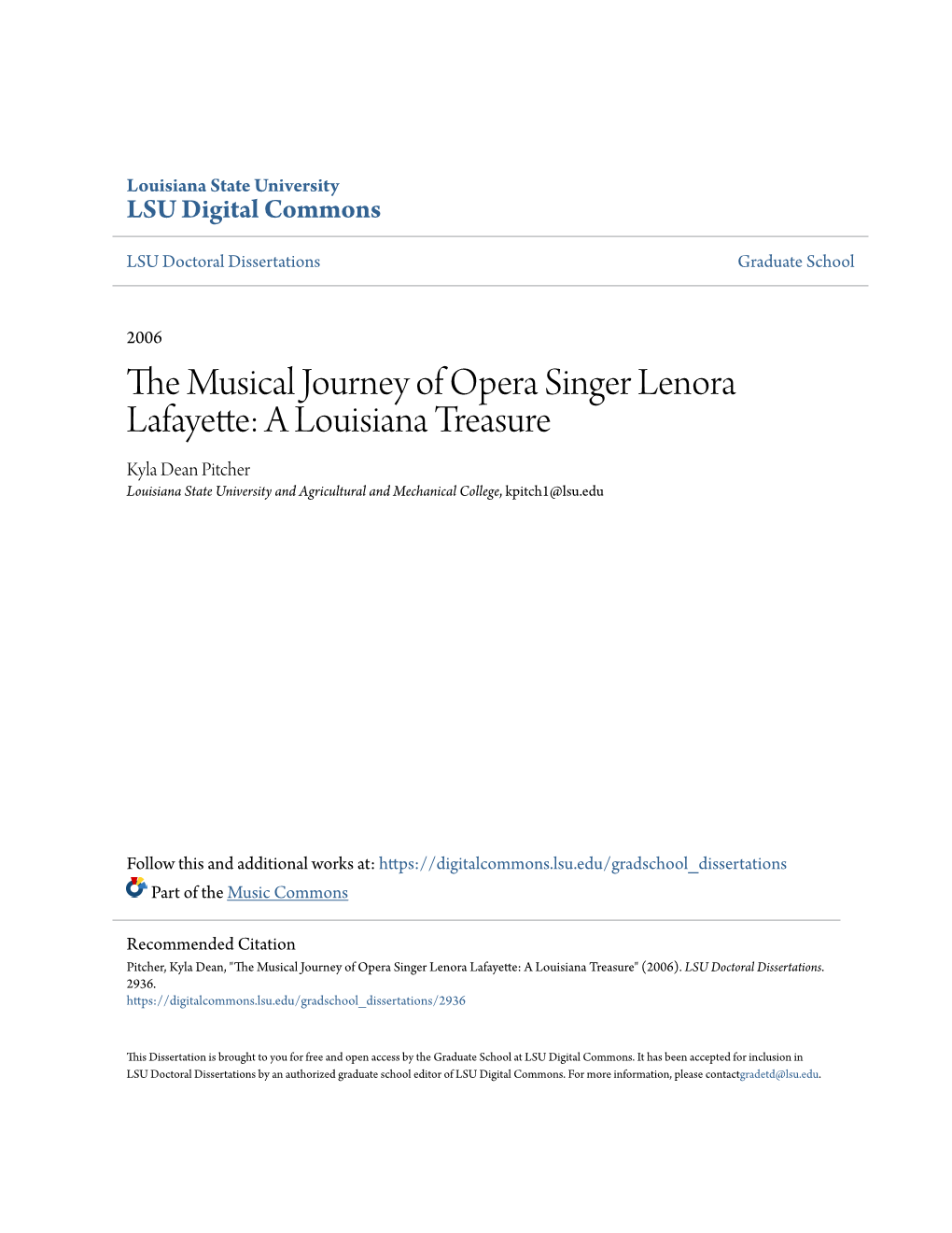 The Musical Journey of Opera Singer Lenora Lafayette: a Louisiana Treasure