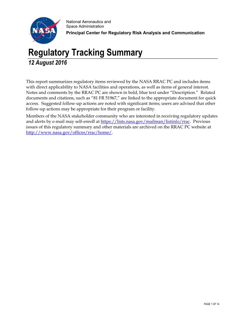 NASA RRAC PC REGULATORY TRACKING SUMMARY 12 AUGUST 2016 Contents of This Issue Acronyms and Abbreviations 3 1.0 U.S