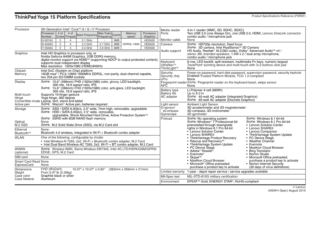 Thinkpad Yoga 15 Platform Specifications