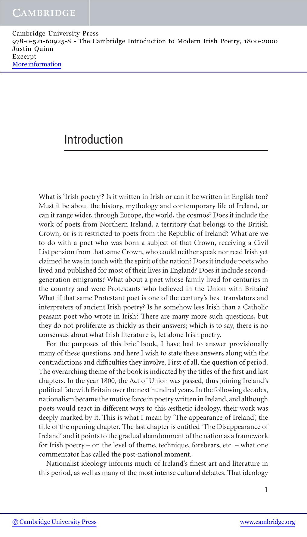 Introduction to Modern Irish Poetry, 1800-2000 Justin Quinn Excerpt More Information