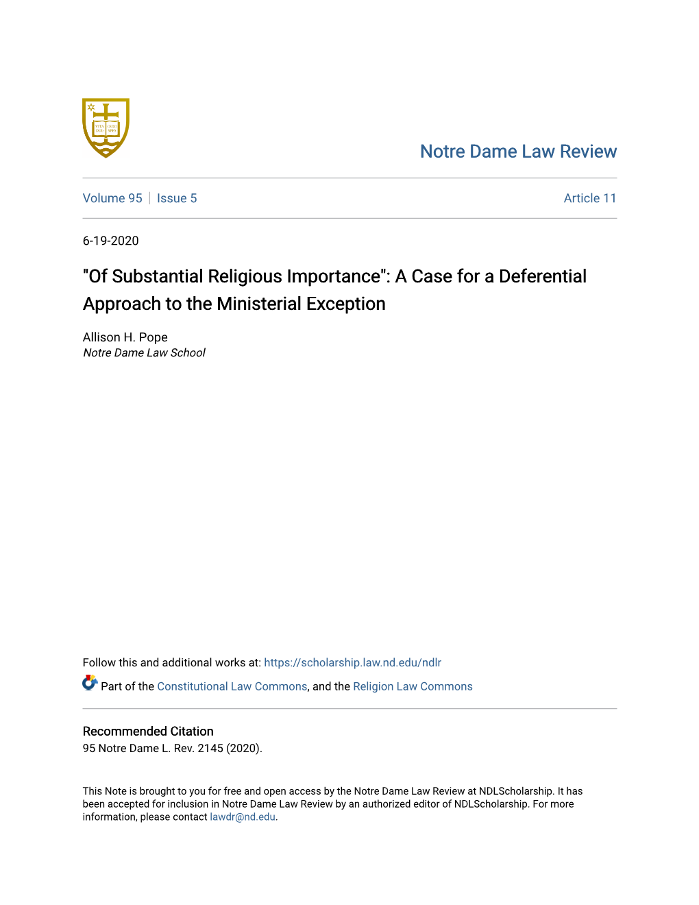 "Of Substantial Religious Importance": a Case for a Deferential Approach to the Ministerial Exception