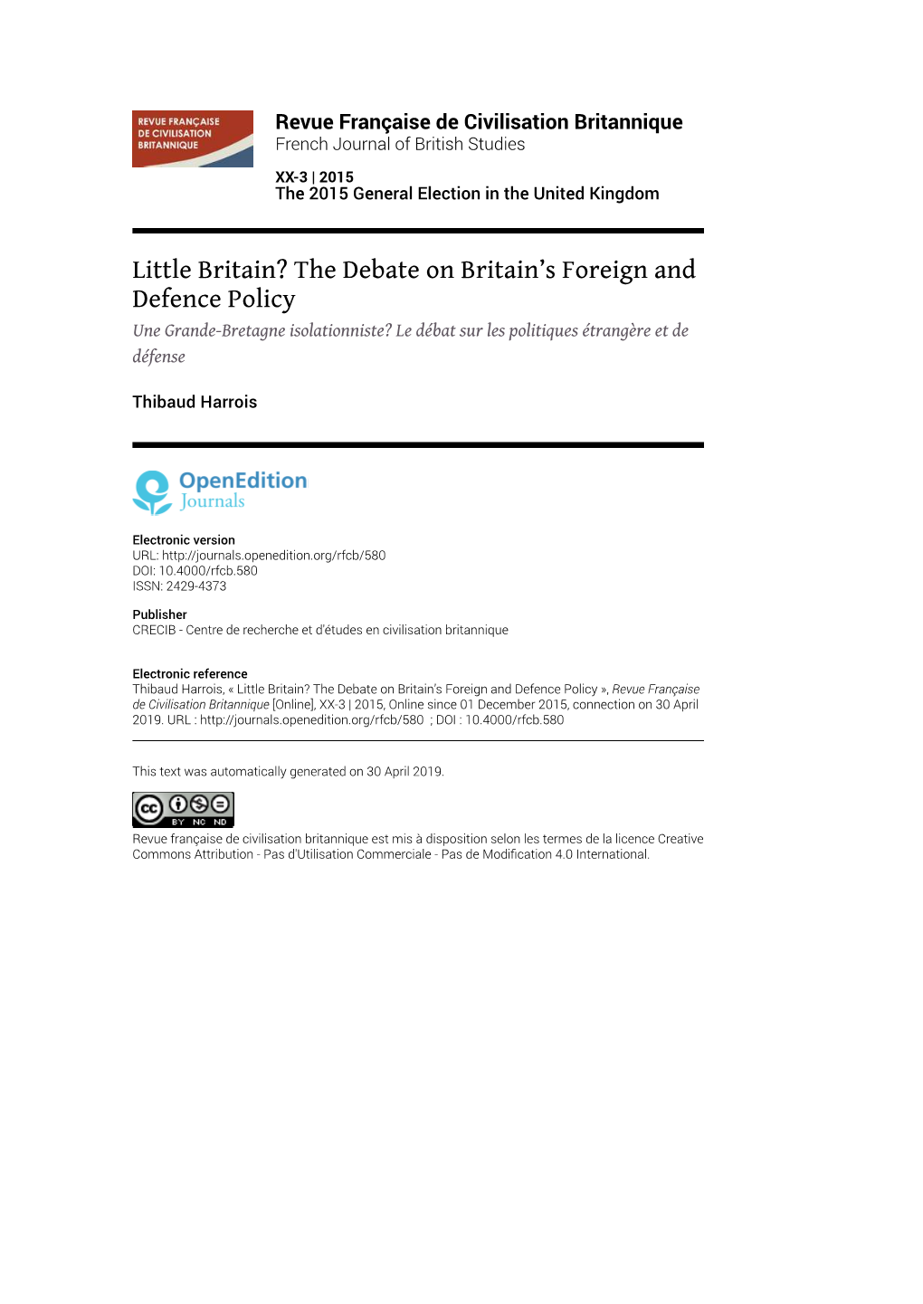 Revue Française De Civilisation Britannique, XX-3 | 2015 Little Britain? the Debate on Britain’S Foreign and Defence Policy 2