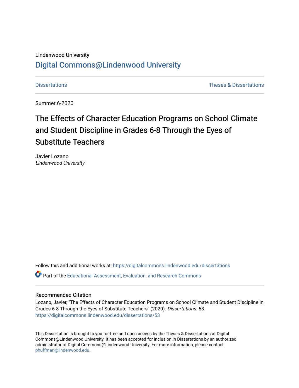 The Effects of Character Education Programs on School Climate and Student Discipline in Grades 6-8 Through the Eyes of Substitute Teachers