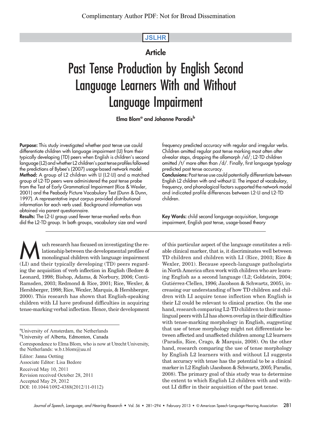 Past Tense Production by English Second Language Learners with and Without Language Impairment