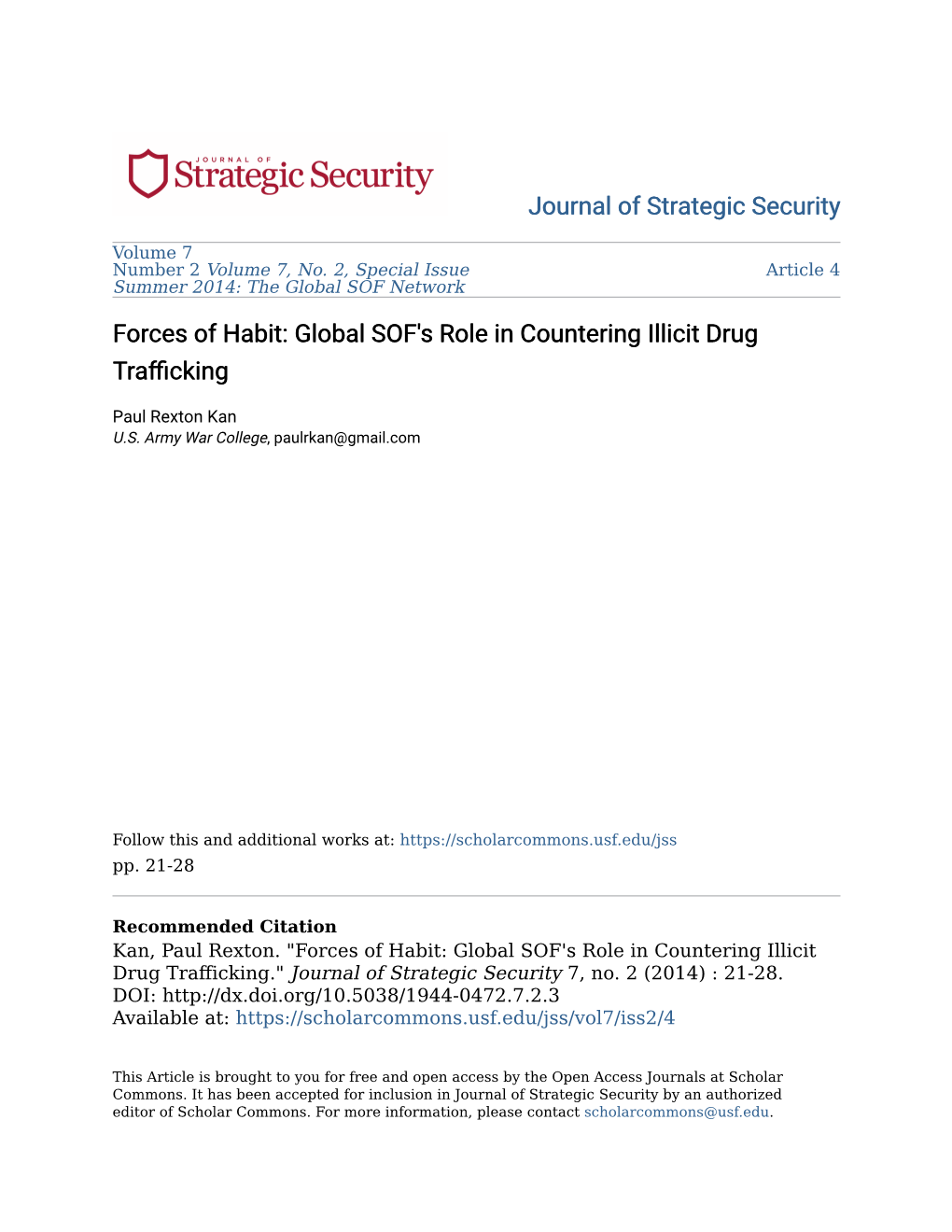 Forces of Habit: Global SOF's Role in Countering Illicit Drug Trafficking