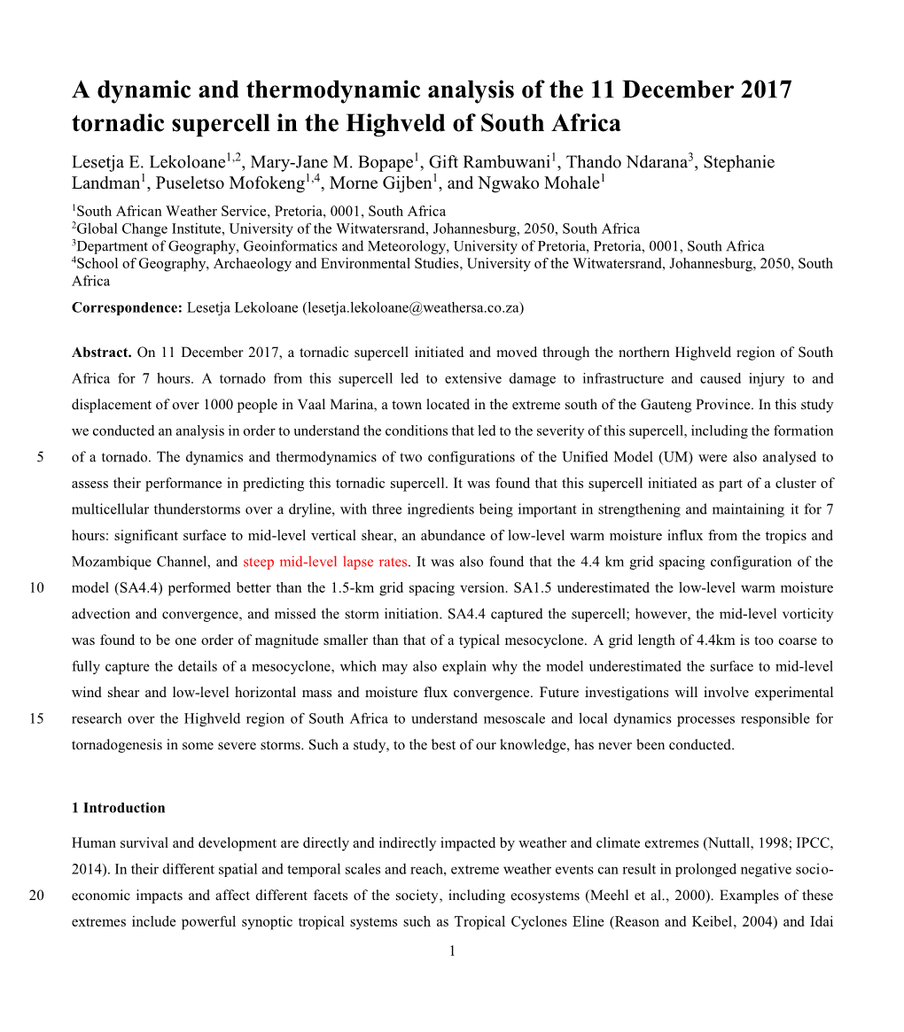 A Dynamic and Thermodynamic Analysis of the 11 December 2017 Tornadic Supercell in the Highveld of South Africa Lesetja E
