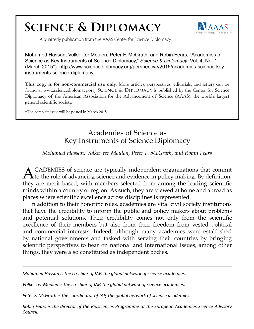 Academies of Science As Key Instruments of Science Diplomacy,” Science & Diplomacy, Vol