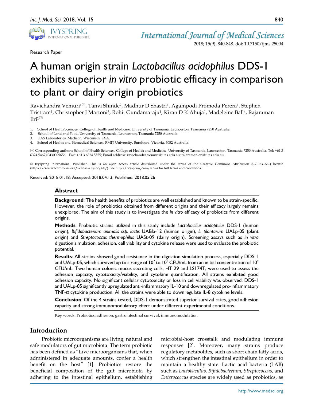 A Human Origin Strain Lactobacillus Acidophilus DDS-1 Exhibits Superior in Vitro Probiotic Efficacy in Comparison to Plant Or Da