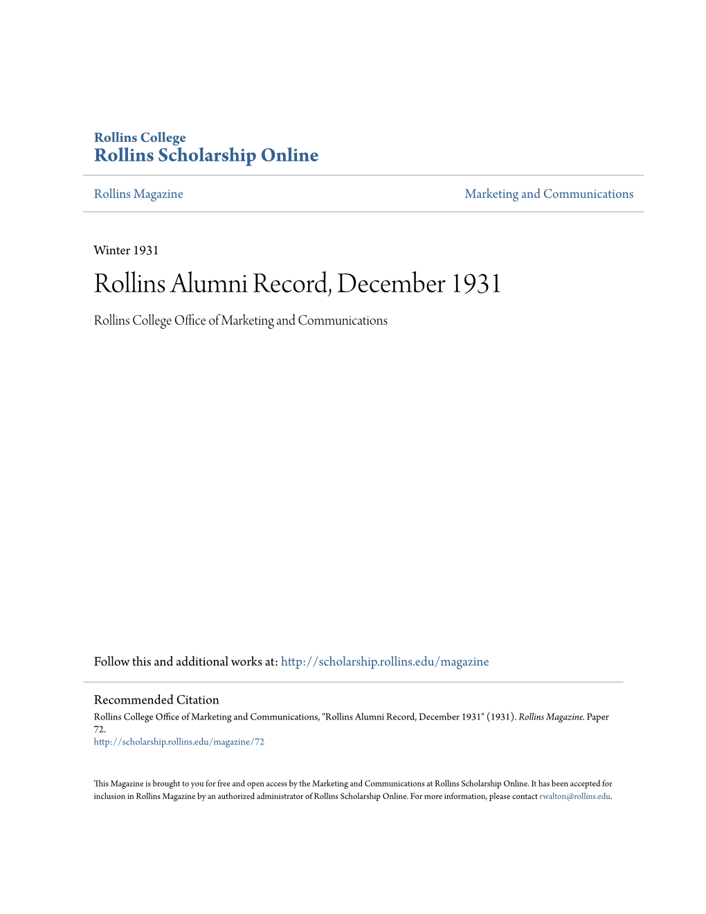 Rollins Alumni Record, December 1931 Rollins College Office Ofa M Rketing and Communications