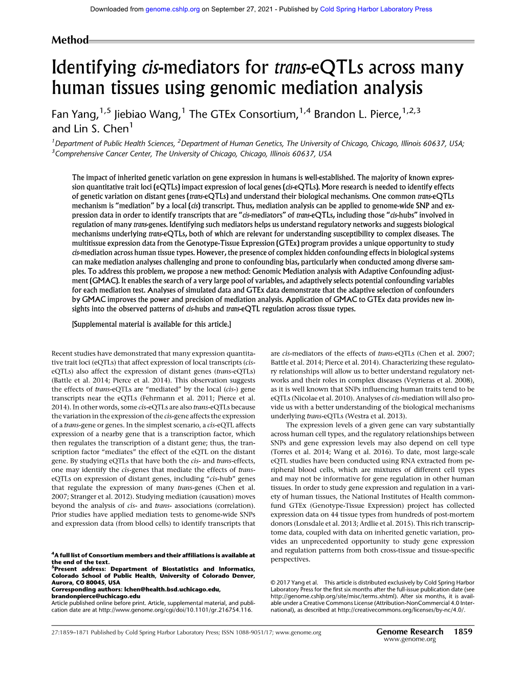 Identifying Cis-Mediators for Trans-Eqtls Across Many Human Tissues Using Genomic Mediation Analysis