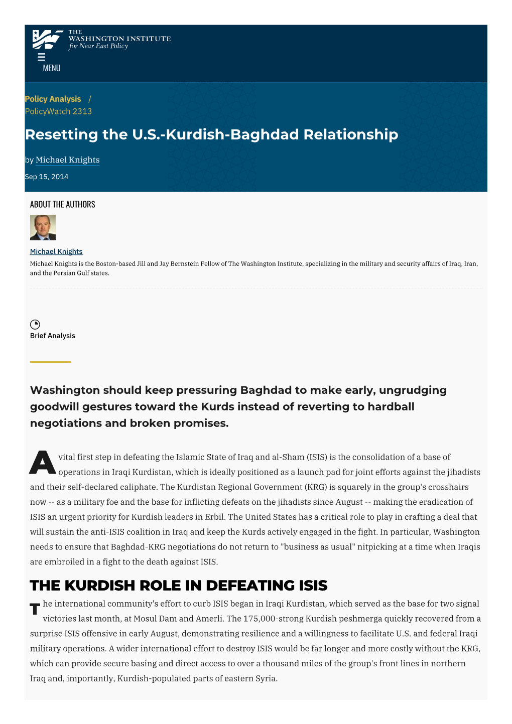 Resetting the U.S.-Kurdish-Baghdad Relationship | the Washington Institute