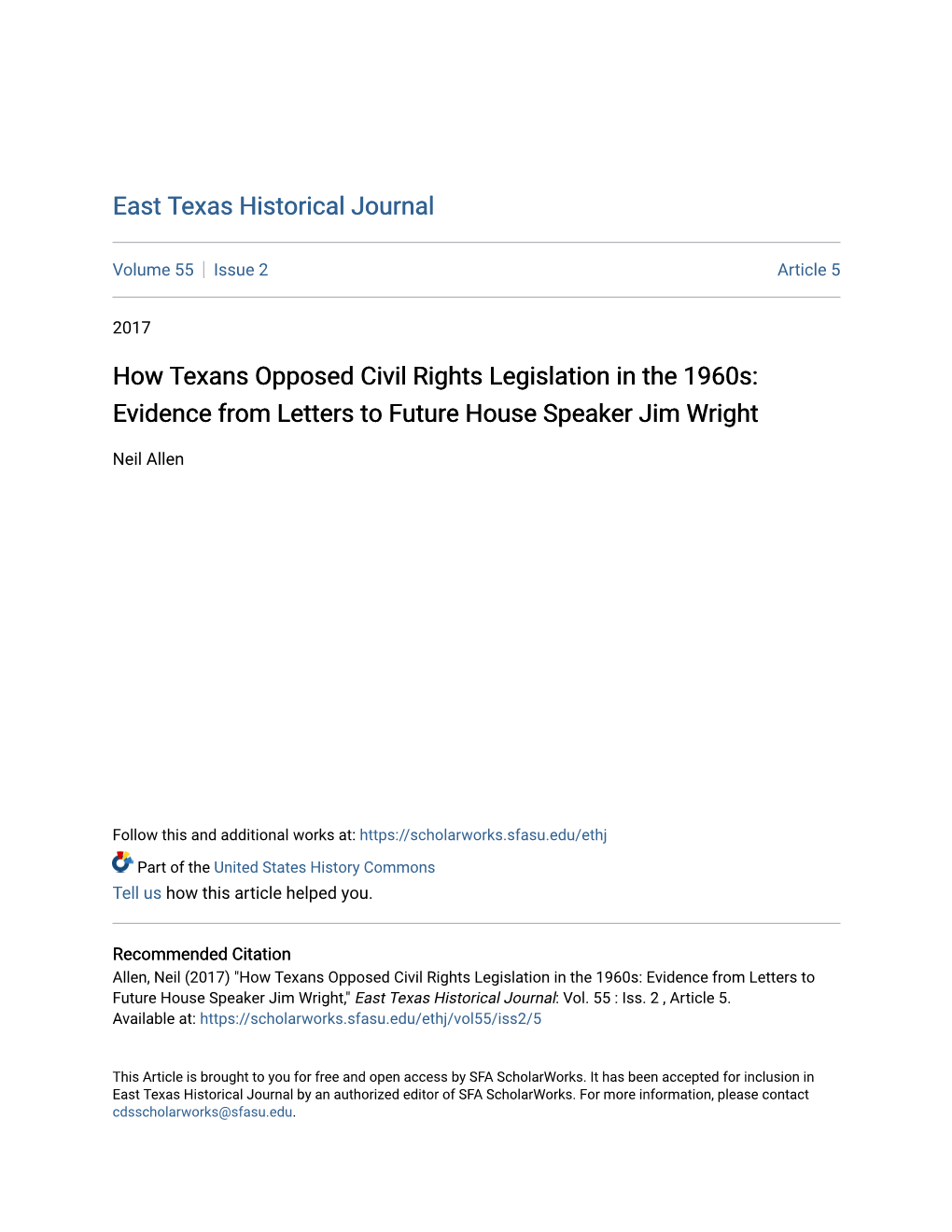 How Texans Opposed Civil Rights Legislation in the 1960S: Evidence from Letters to Future House Speaker Jim Wright