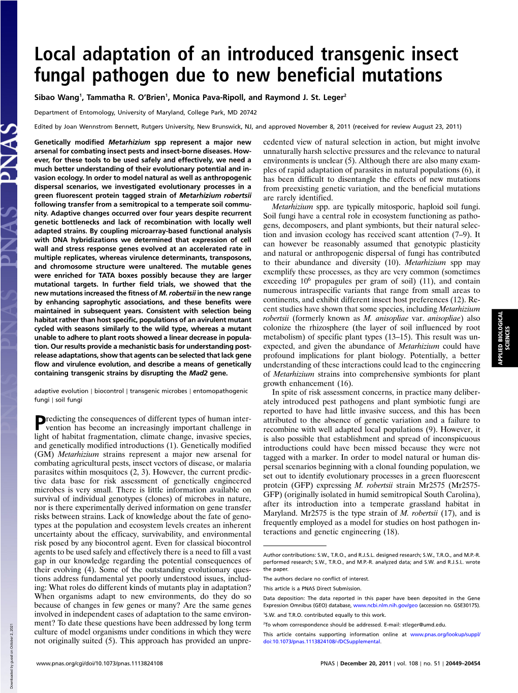 Local Adaptation of an Introduced Transgenic Insect Fungal Pathogen Due to New Beneficial Mutations