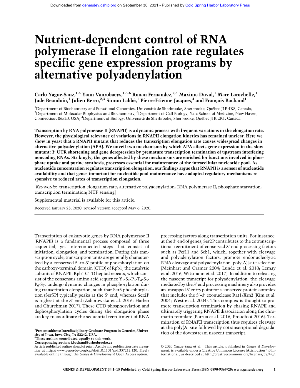 Nutrient-Dependent Control of RNA Polymerase II Elongation Rate Regulates Specific Gene Expression Programs by Alternative Polyadenylation