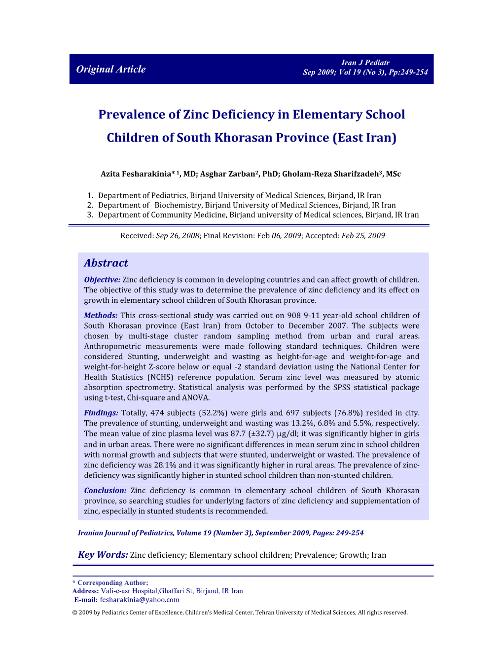 Prevalence of Zinc Deficiency in Elementary School Children of South Khorasan Province (East Iran)