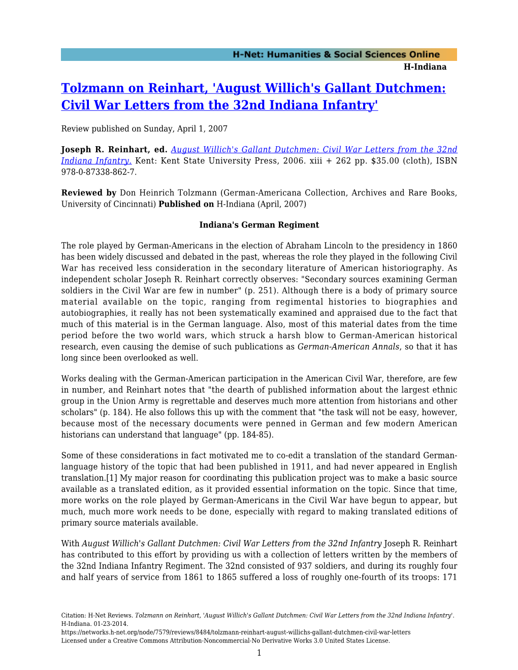 Tolzmann on Reinhart, 'August Willich's Gallant Dutchmen: Civil War Letters from the 32Nd Indiana Infantry'