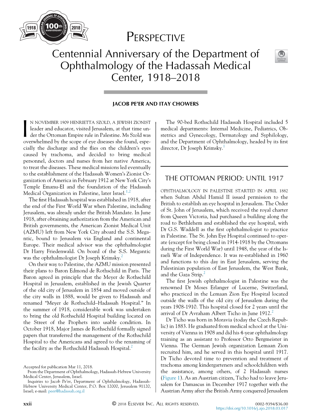 Centennial Anniversary of the Department of Ophthalmology of the Hadassah Medical Center, 1918–2018