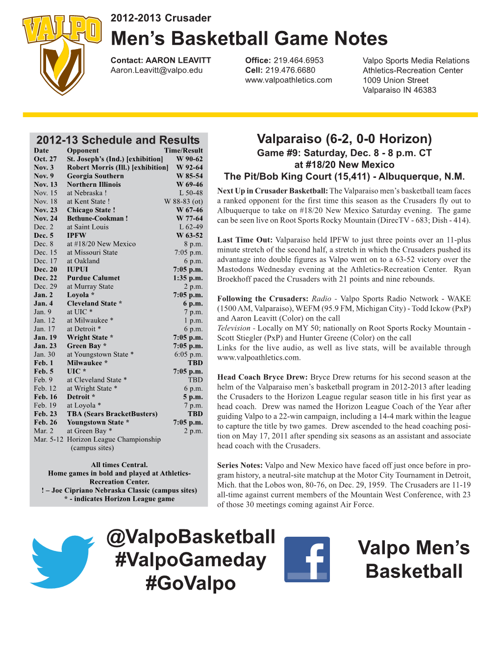 Men's Basketball Game Notes @Valpobasketball Valpo Men's