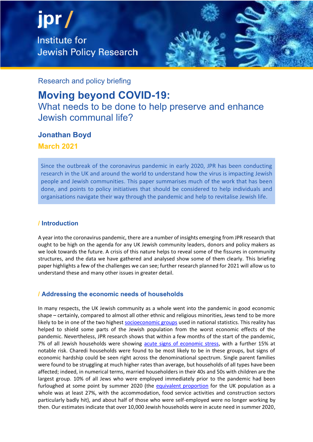 Moving Beyond COVID-19: What Needs to Be Done to Help Preserve and Enhance Jewish Communal Life?