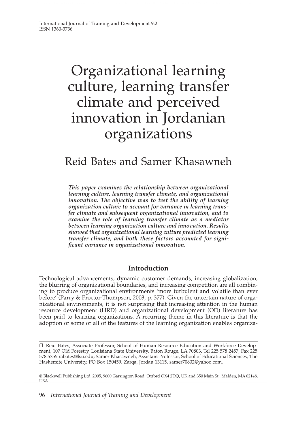 Organizational Learning Culture, Learning Transfer Climate and Perceived Innovation in Jordanian Organizations