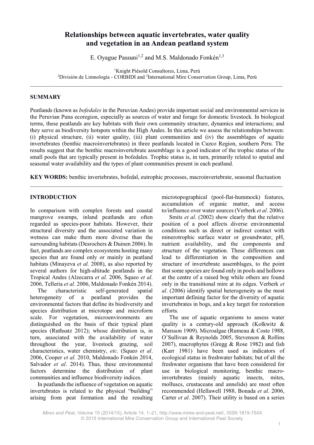 Relationships Between Aquatic Invertebrates, Water Quality and Vegetation in an Andean Peatland System