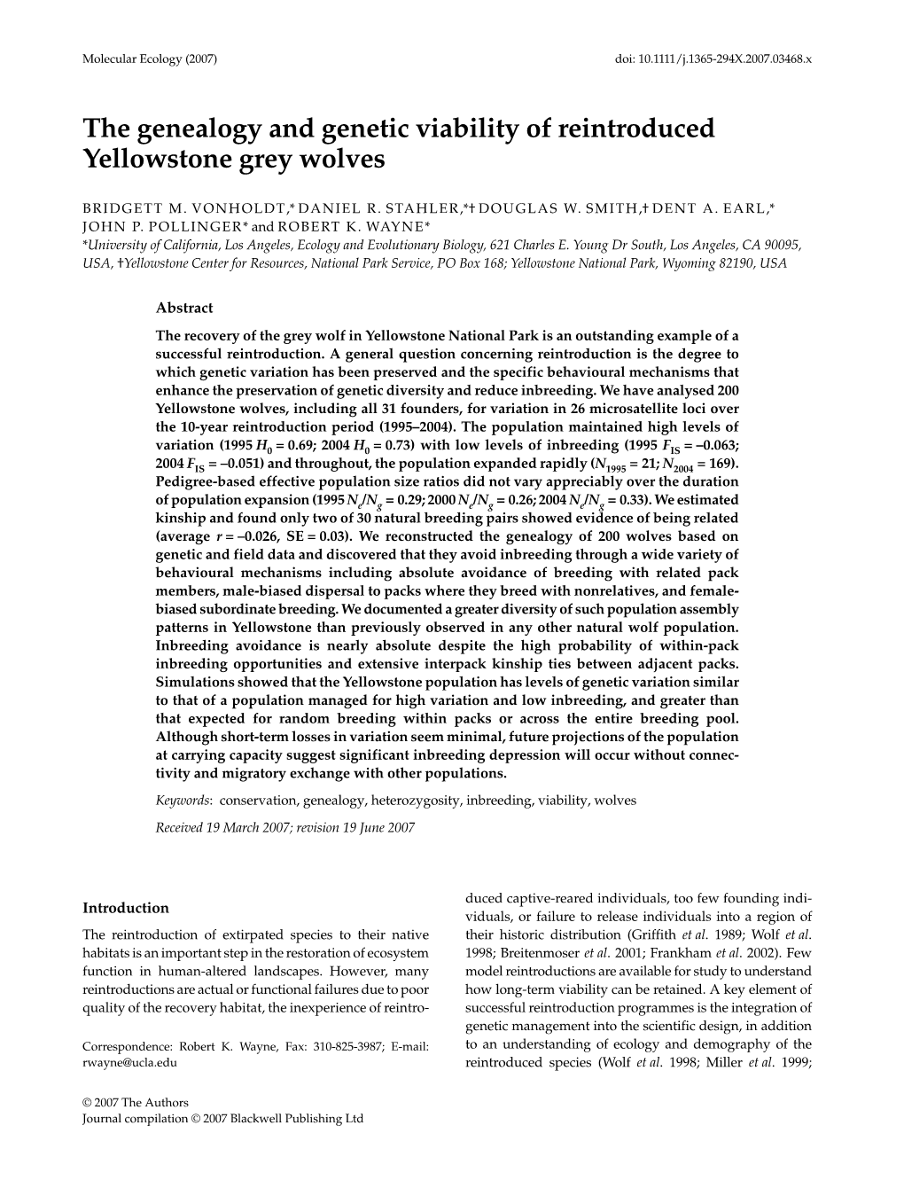 The Genealogy and Genetic Viability of Reintroduced Yellowstone Grey Wolves