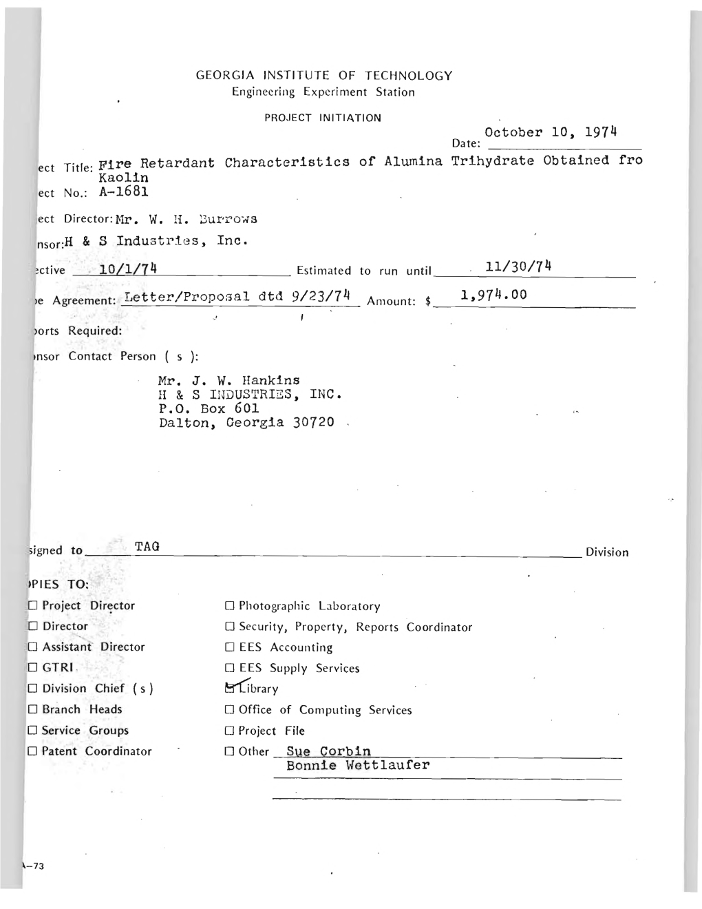 Retardant Characteristics Kaolin Ect No.: A-1681 October 10, 1974 Of