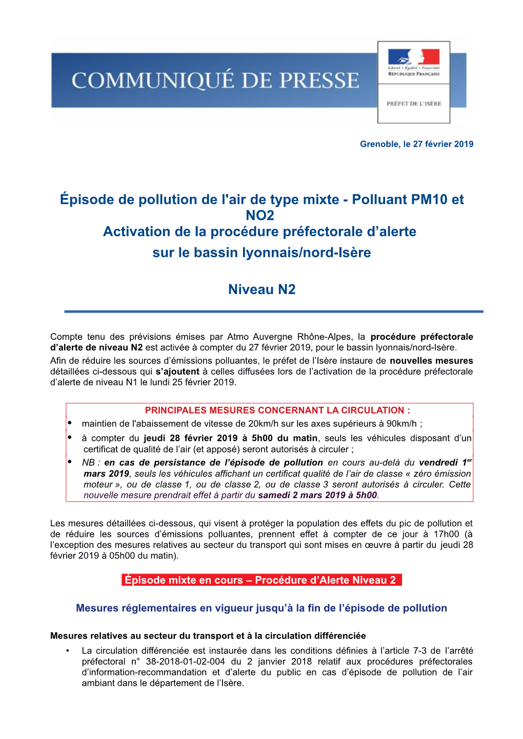 Épisode De Pollution De L'air De Type Mixte - Polluant PM10 Et NO2 Activation De La Procédure Préfectorale D’Alerte Sur Le Bassin Lyonnais/Nord-Isère