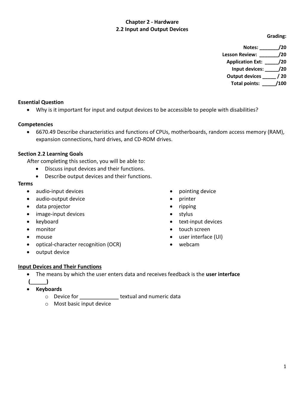 Chapter 2 - Hardware 2.2 Input and Output Devices Grading