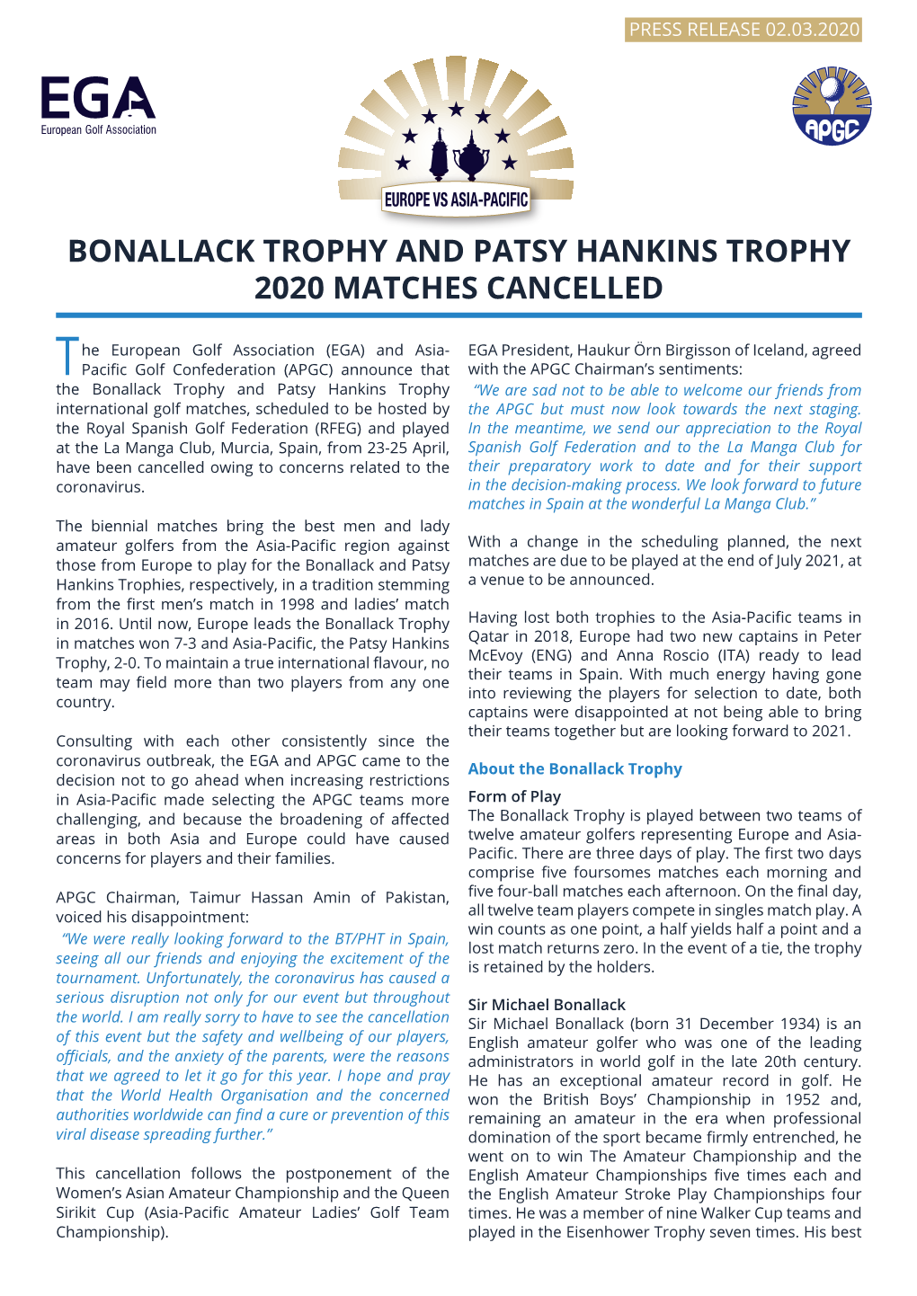 Bonallack Trophy and Patsy Hankins Trophy 2020