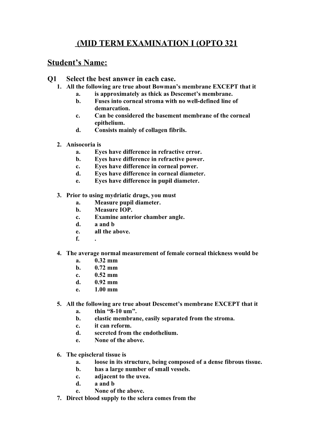 Mid Term Examination I (Opto 241)