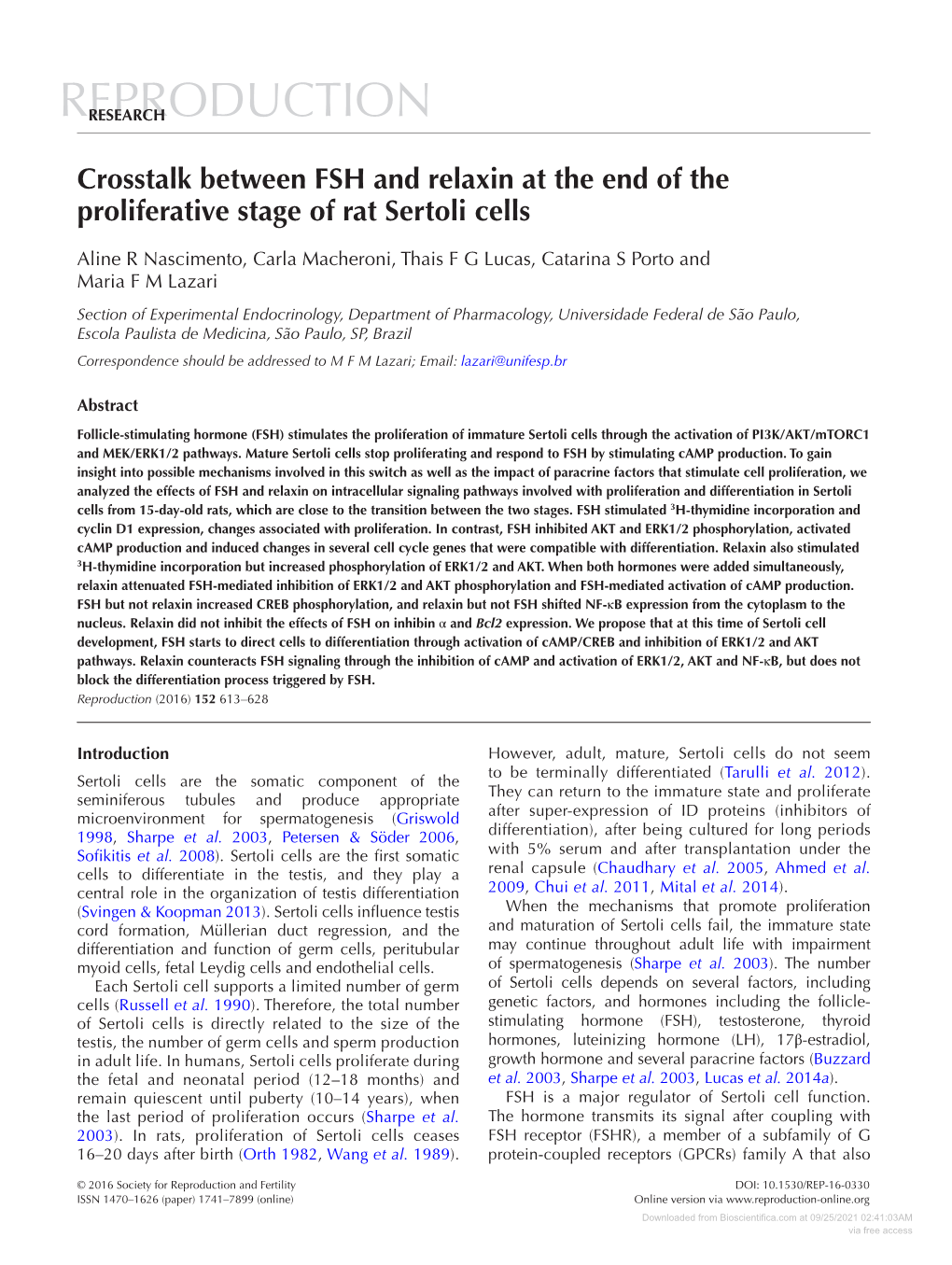 Crosstalk Between FSH and Relaxin at the End of the Proliferative Stage of Rat Sertoli Cells