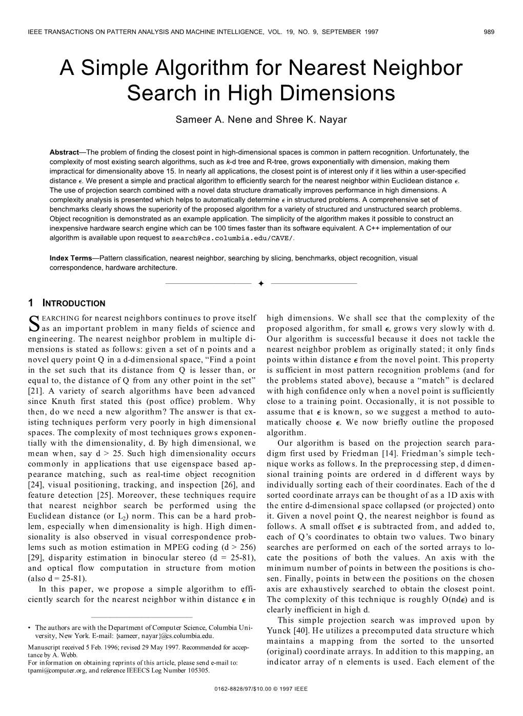 A Simple Algorithm for Nearest Neighbor Search in High Dimensions