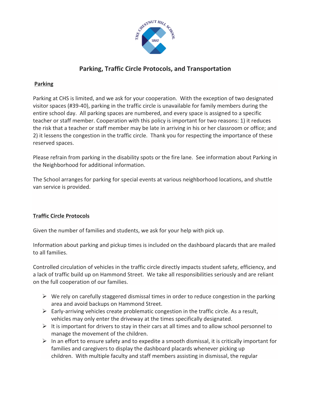 Parking, Traffic Circle Protocols, and Transportation