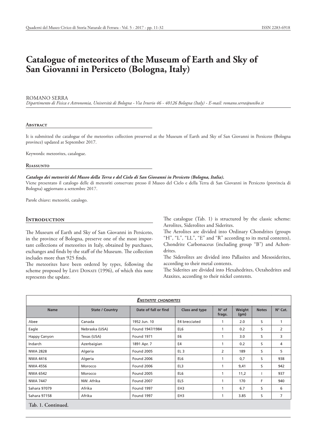 Catalogue of Meteorites of the Museum of Earth and Sky of San Giovanni in Persiceto (Bologna, Italy)