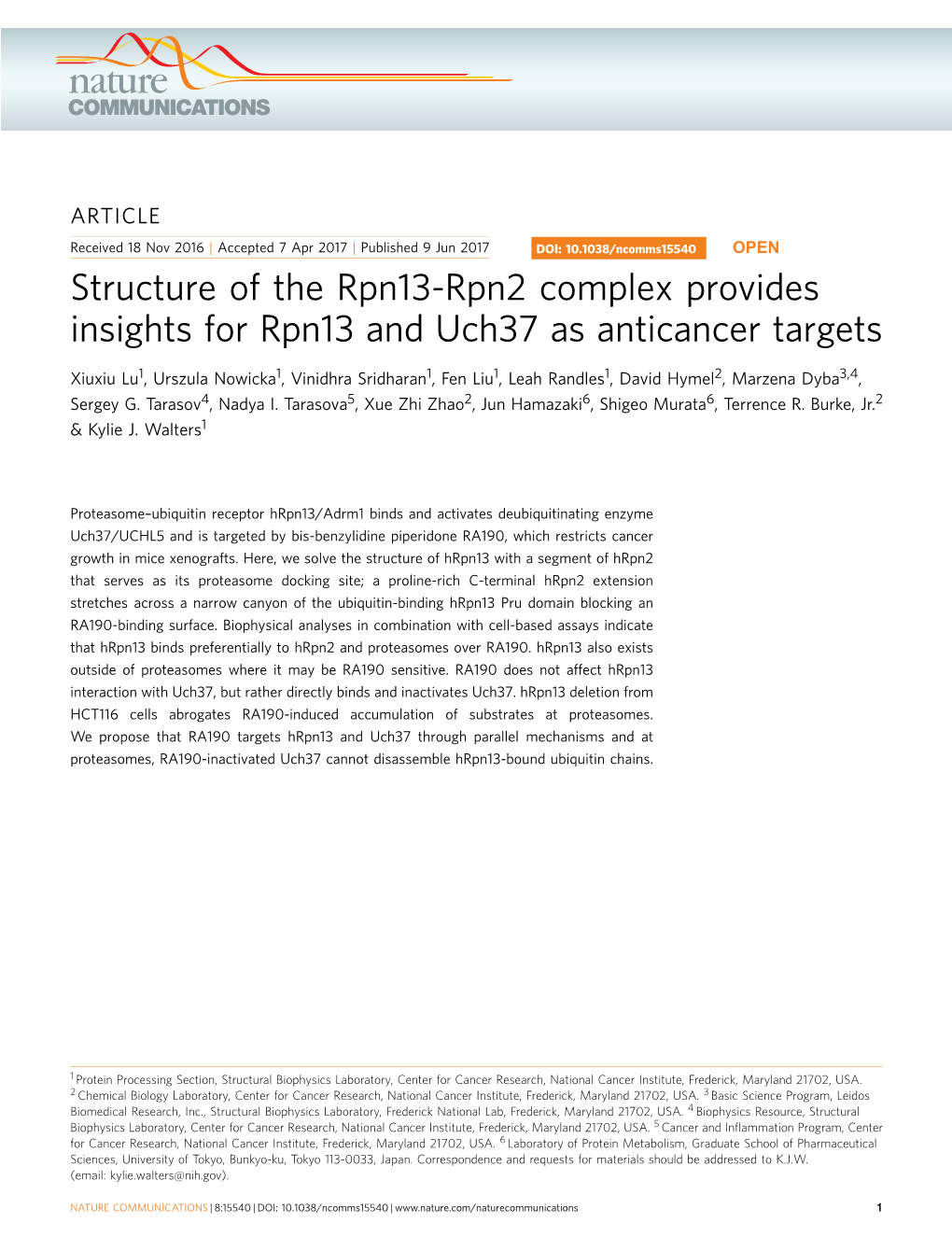 Structure of the Rpn13-Rpn2 Complex Provides Insights for Rpn13 and Uch37 As Anticancer Targets