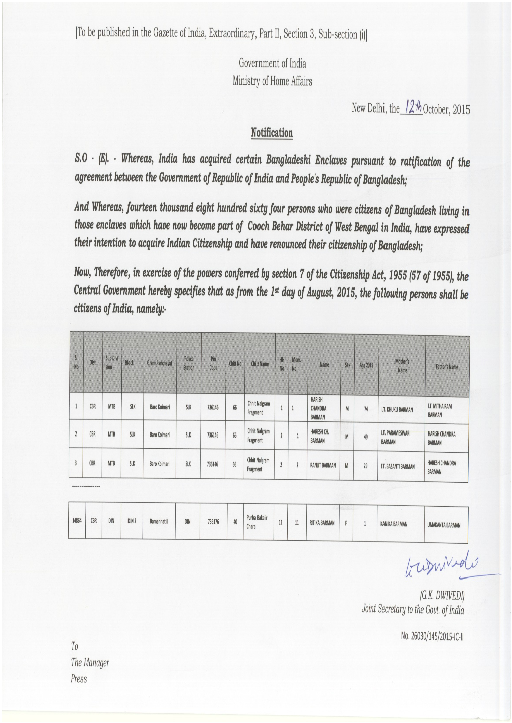 Whereas, India Has Acquired Certain Bangladeshi Enclaves Pursuant to Ratification of the Agreement Between the Government