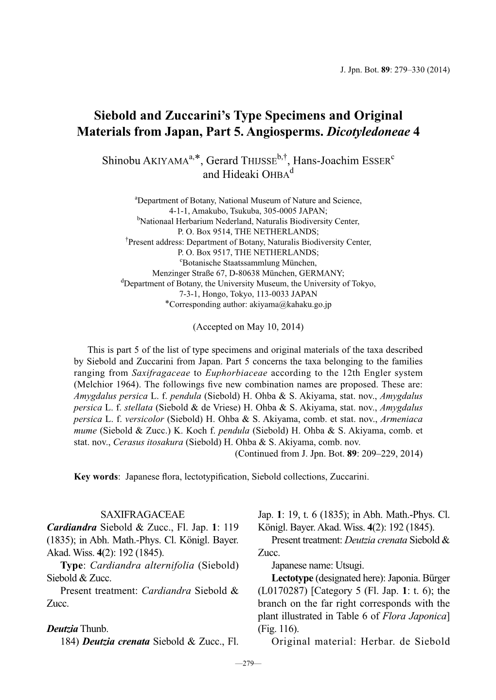 Siebold and Zuccarini's Type Specimens and Original Materials
