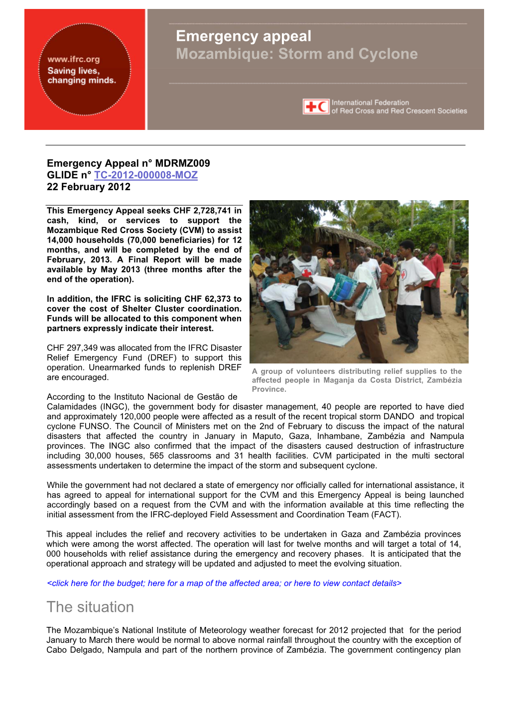 Emergency Appeal Mozambique: Storm and Cyclone the Situation