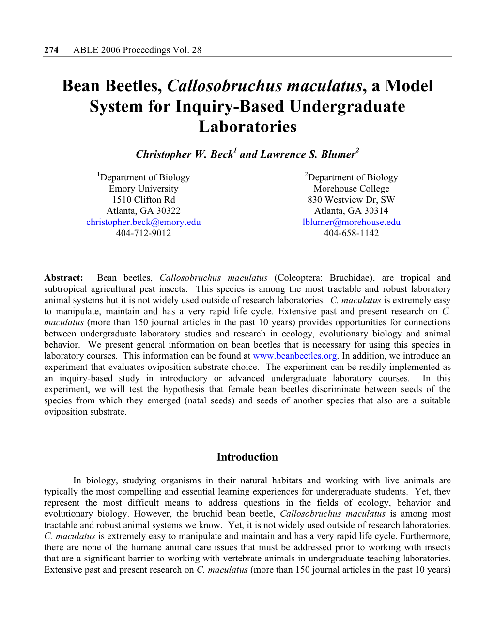 Bean Beetles, Callosobruchus Maculatus, a Model System for Inquiry-Based Undergraduate Laboratories