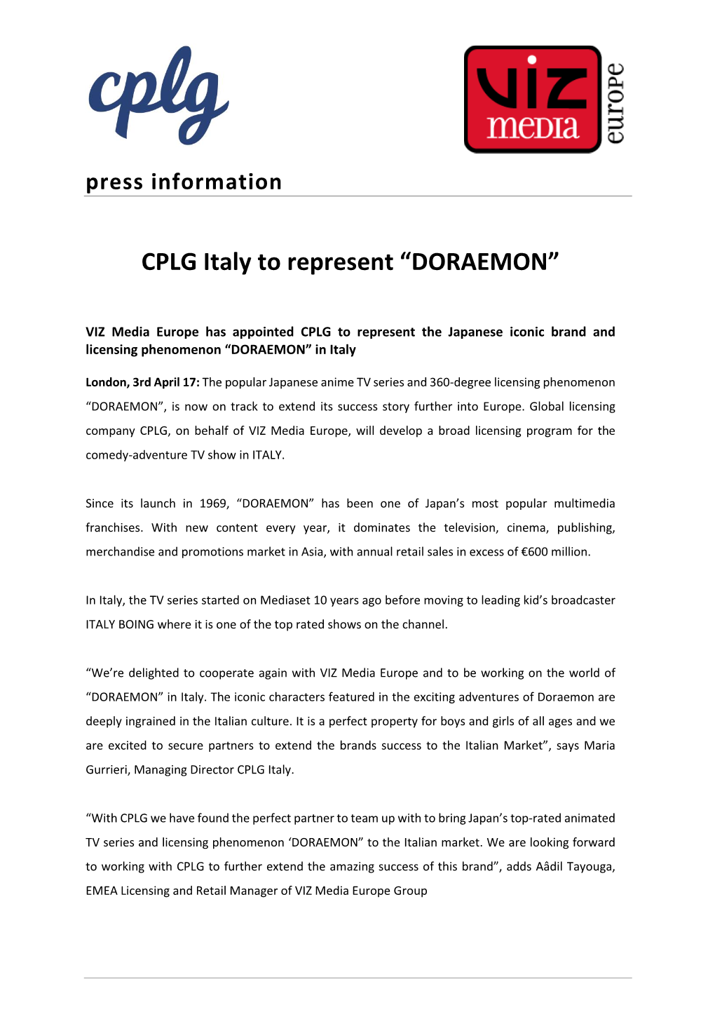 CPLG Italy to Represent “DORAEMON”